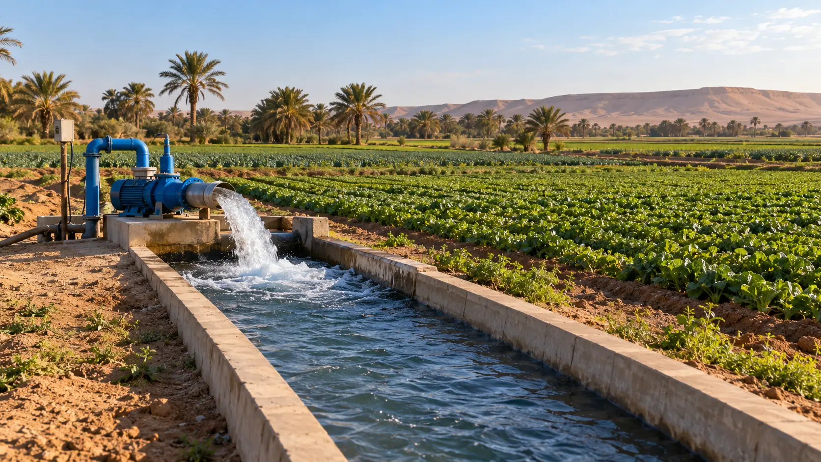 قناة مياه ومضخة داخل مزرعة خضراء